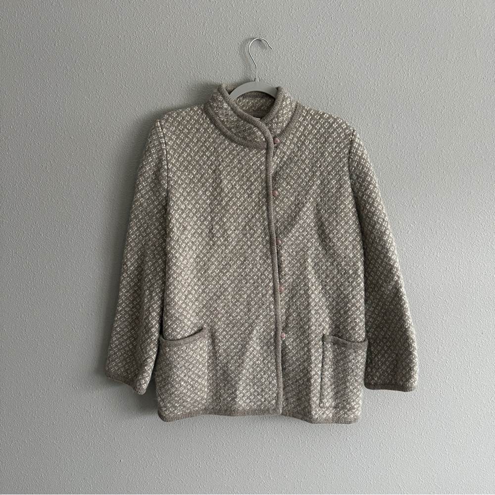 Vintage Charlotte Wool Taupe Patterned Longline Button Cardigan Jacket Medium